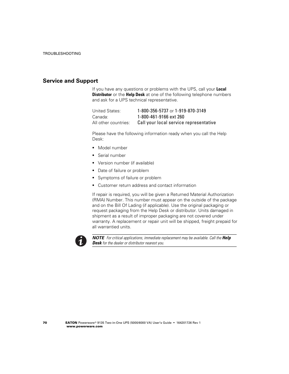 Service and support | Powerware 9135 Two-in-One UPS 5000/6000 VA User Manual | Page 76 / 82