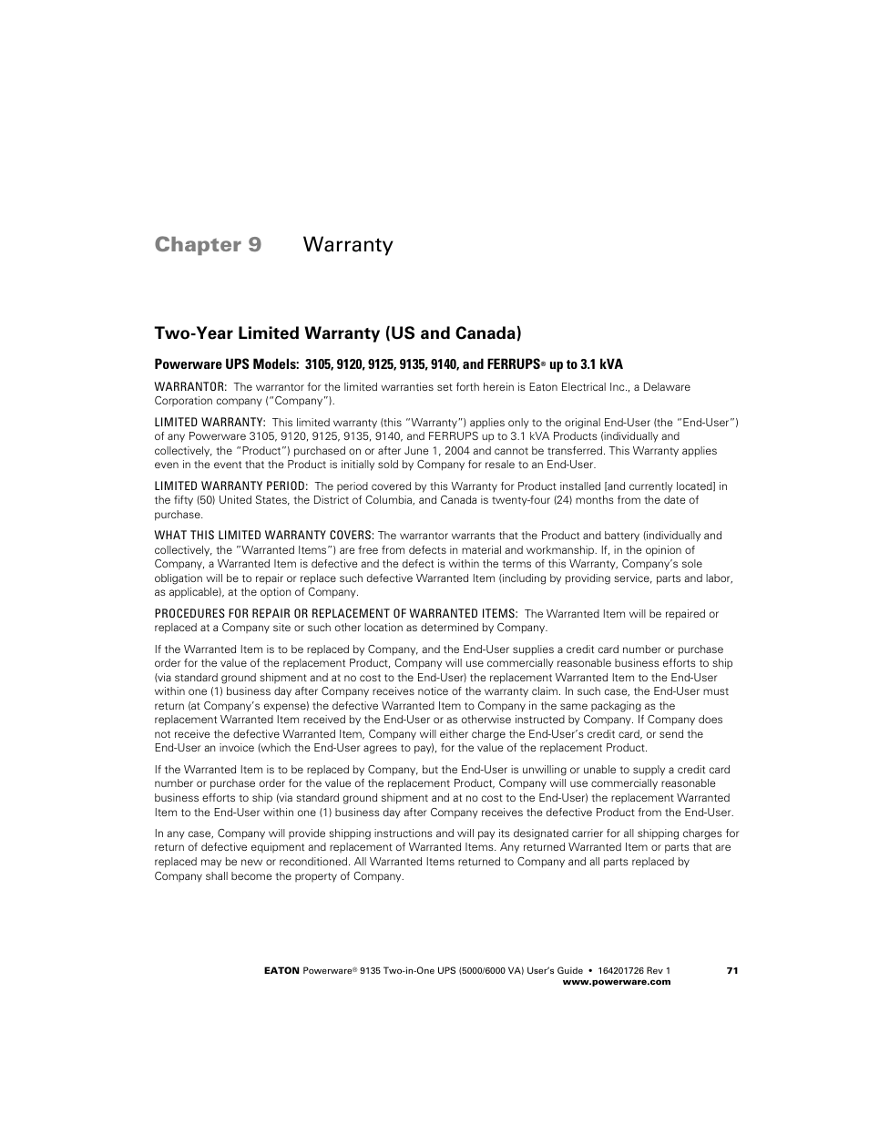 Warranty, Two−year limited warranty (us and canada), Chapter 9 warranty | Powerware 9135 Two-in-One UPS 5000/6000 VA User Manual | Page 77 / 82