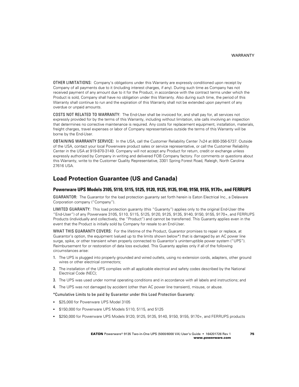 Load protection guarantee (us and canada) | Powerware 9135 Two-in-One UPS 5000/6000 VA User Manual | Page 81 / 82