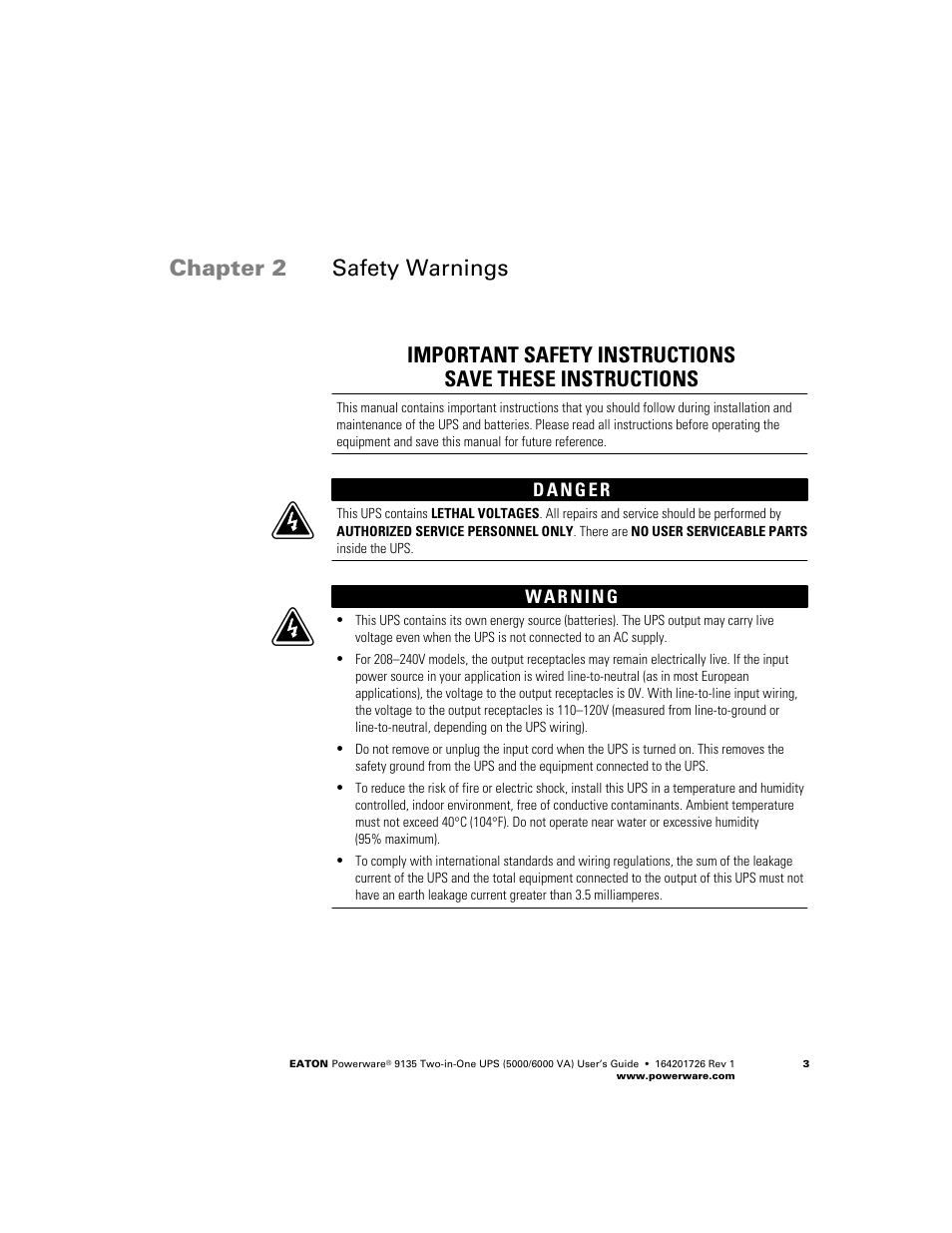 Safety warnings, Chapter 2 safety warnings | Powerware 9135 Two-in-One UPS 5000/6000 VA User Manual | Page 9 / 82