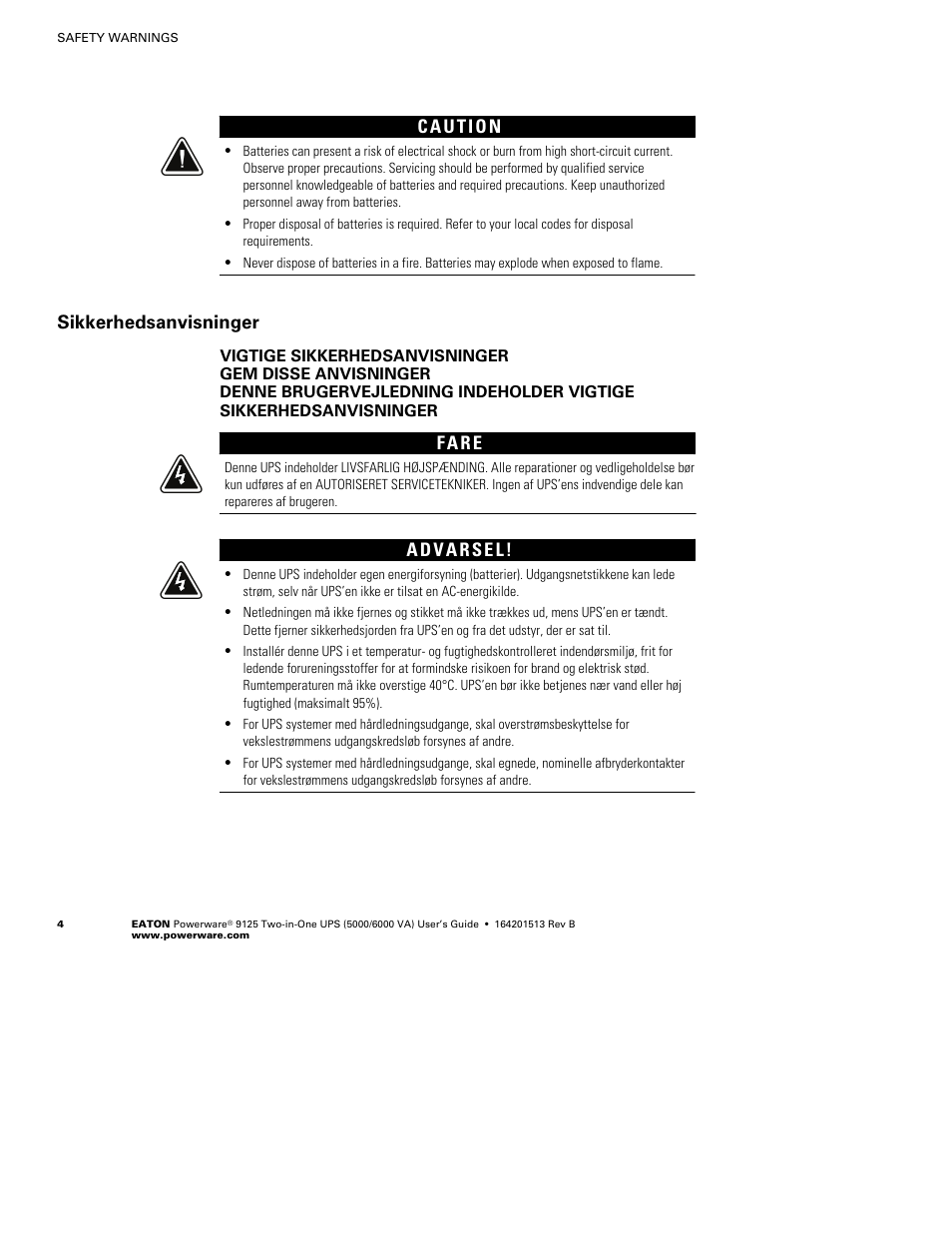 Sikkerhedsanvisninger, F a r e | Powerware 9125 Two-in-One UPS 6000 VA User Manual | Page 10 / 66