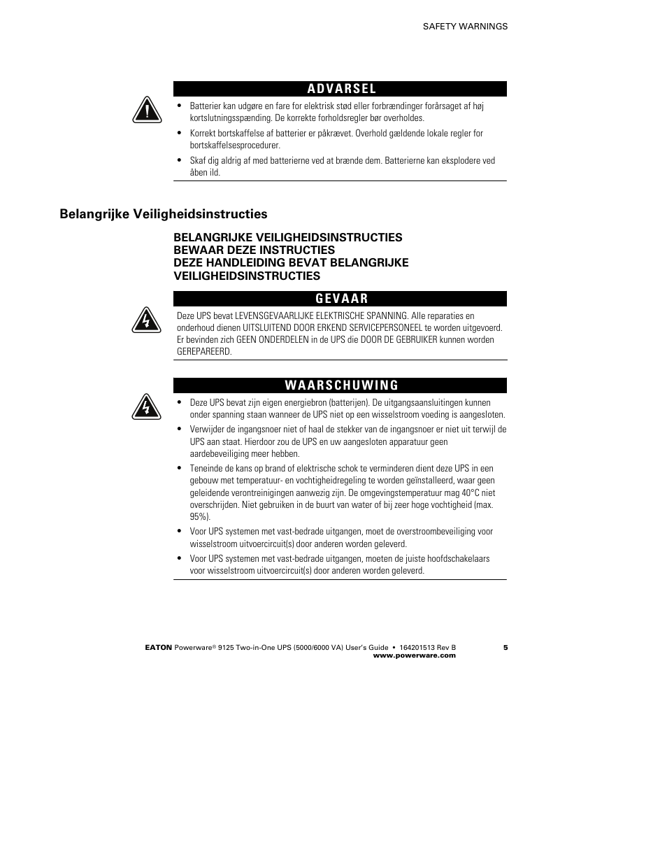 Belangrijke veiligheidsinstructies | Powerware 9125 Two-in-One UPS 6000 VA User Manual | Page 11 / 66