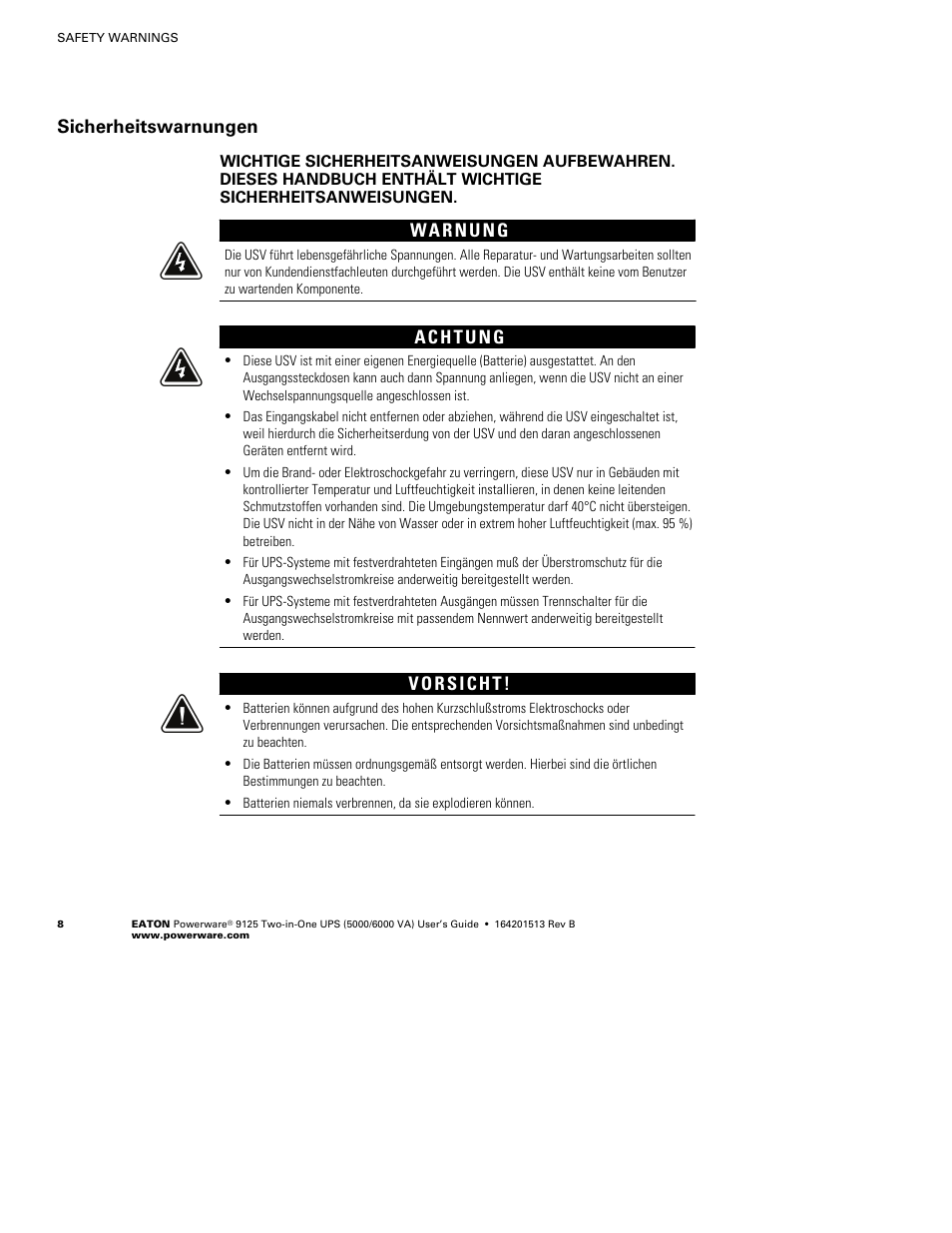 Sicherheitswarnungen | Powerware 9125 Two-in-One UPS 6000 VA User Manual | Page 14 / 66