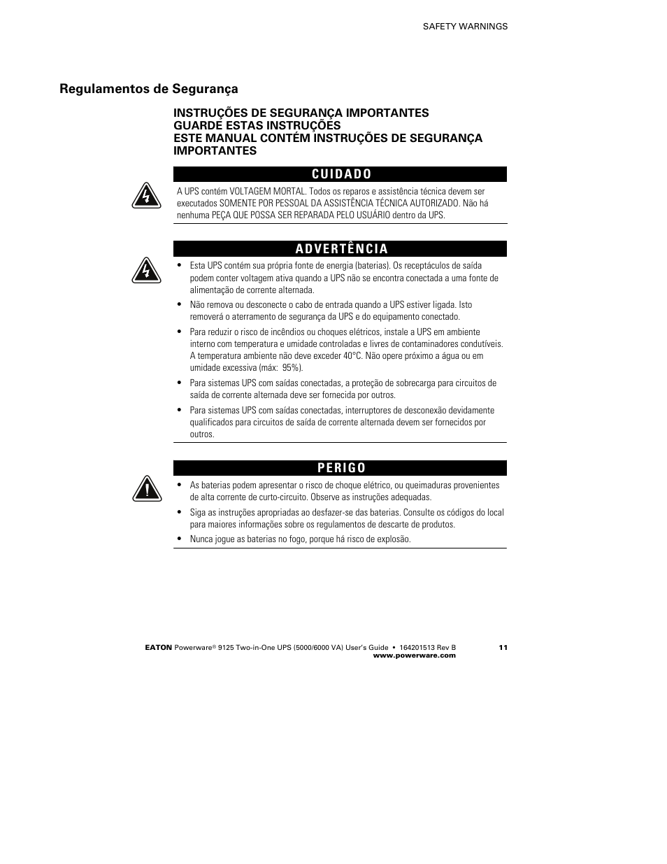 Regulamentos de segurança | Powerware 9125 Two-in-One UPS 6000 VA User Manual | Page 17 / 66