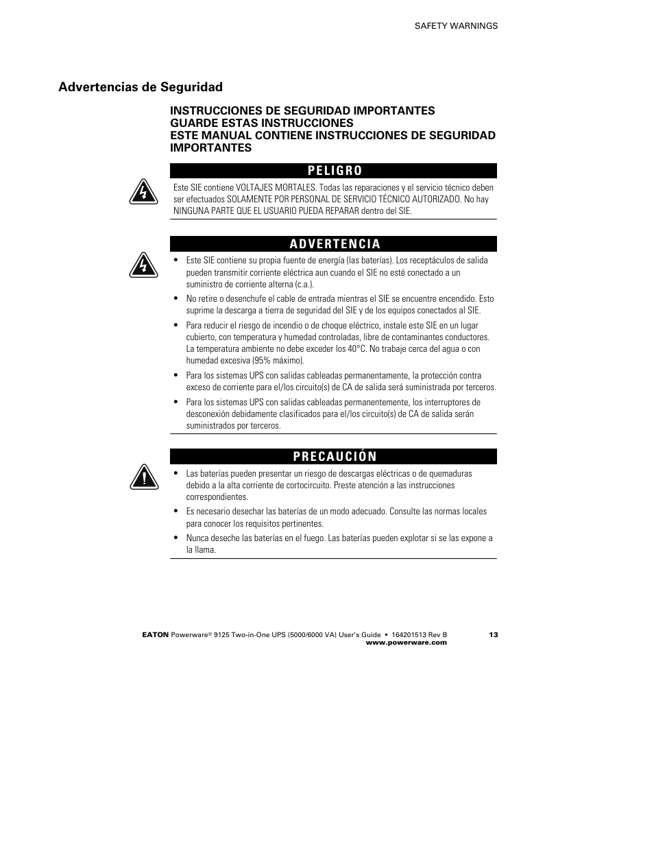 Advertencias de seguridad | Powerware 9125 Two-in-One UPS 6000 VA User Manual | Page 19 / 66