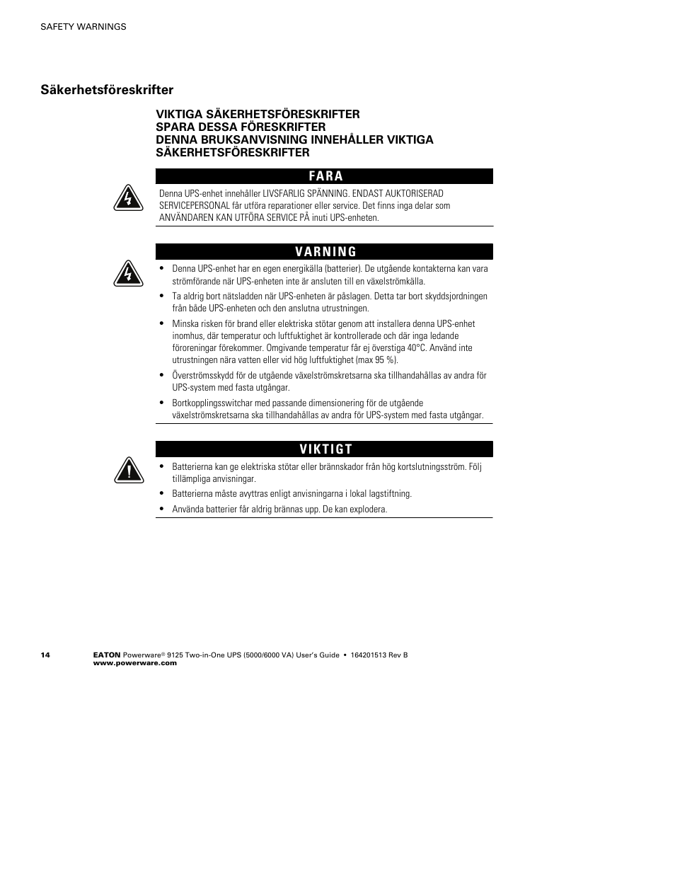 Säkerhetsföreskrifter, F a r a | Powerware 9125 Two-in-One UPS 6000 VA User Manual | Page 20 / 66