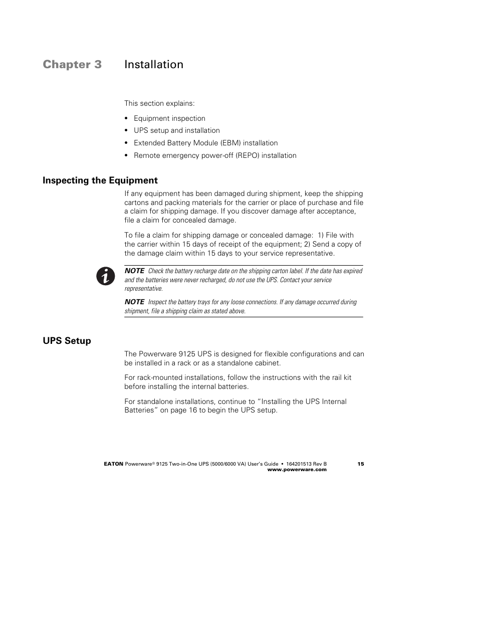 Chapter 3 installation, Inspecting the equipment, Ups setup | Powerware 9125 Two-in-One UPS 6000 VA User Manual | Page 21 / 66