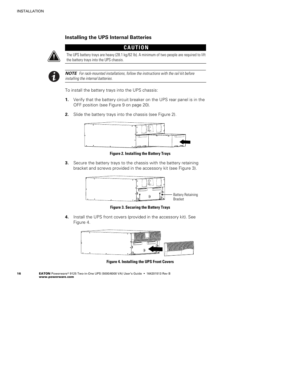 Installing the ups internal batteries | Powerware 9125 Two-in-One UPS 6000 VA User Manual | Page 22 / 66