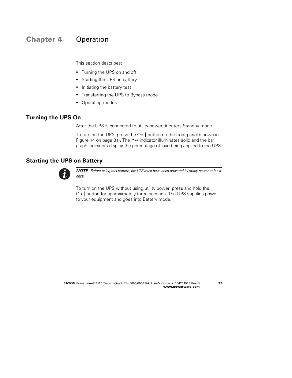 Chapter 4 operation, Turning the ups on, Starting the ups on battery | Powerware 9125 Two-in-One UPS 6000 VA User Manual | Page 35 / 66