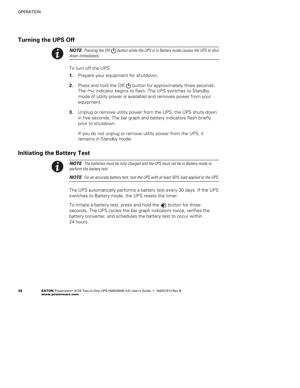 Turning the ups off, Initiating the battery test | Powerware 9125 Two-in-One UPS 6000 VA User Manual | Page 36 / 66