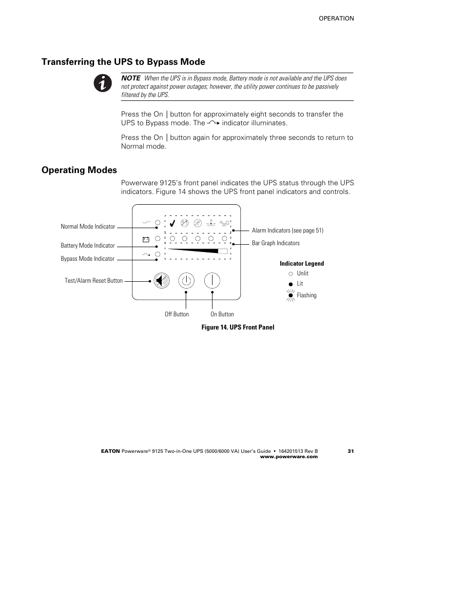 Transferring the ups to bypass mode, Operating modes | Powerware 9125 Two-in-One UPS 6000 VA User Manual | Page 37 / 66