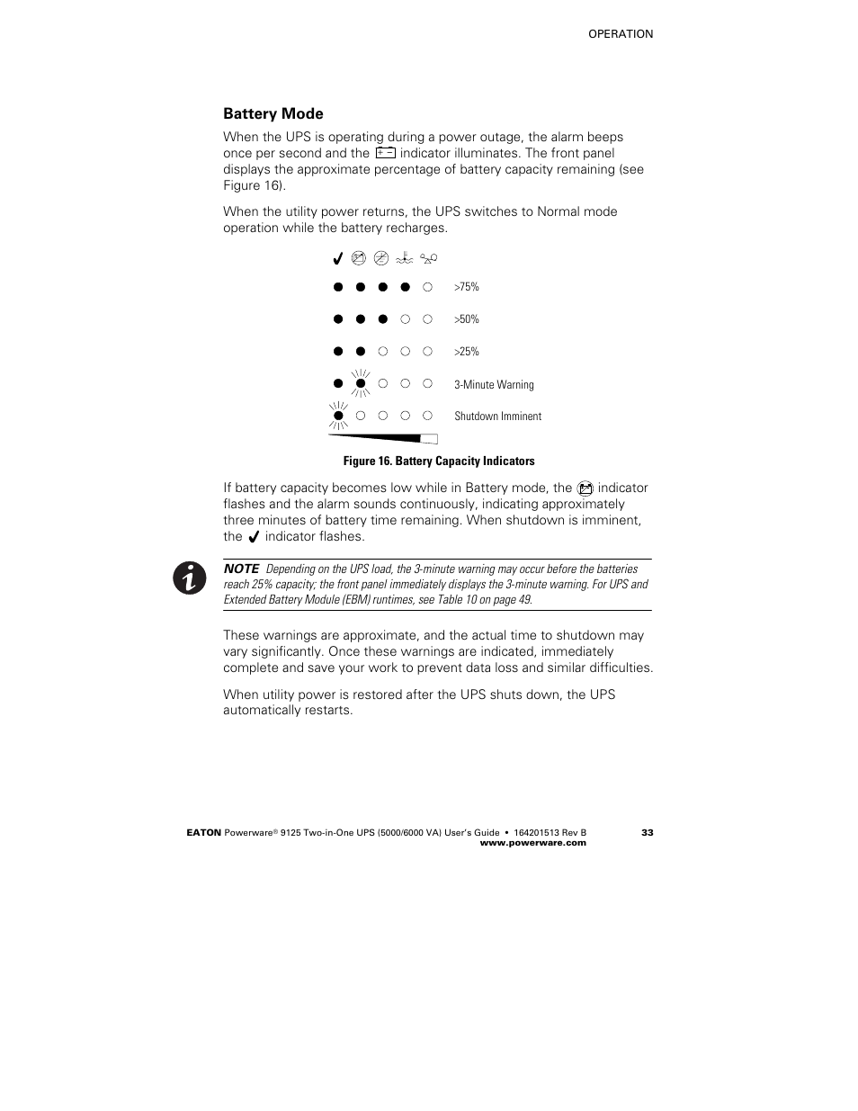 Battery mode | Powerware 9125 Two-in-One UPS 6000 VA User Manual | Page 39 / 66