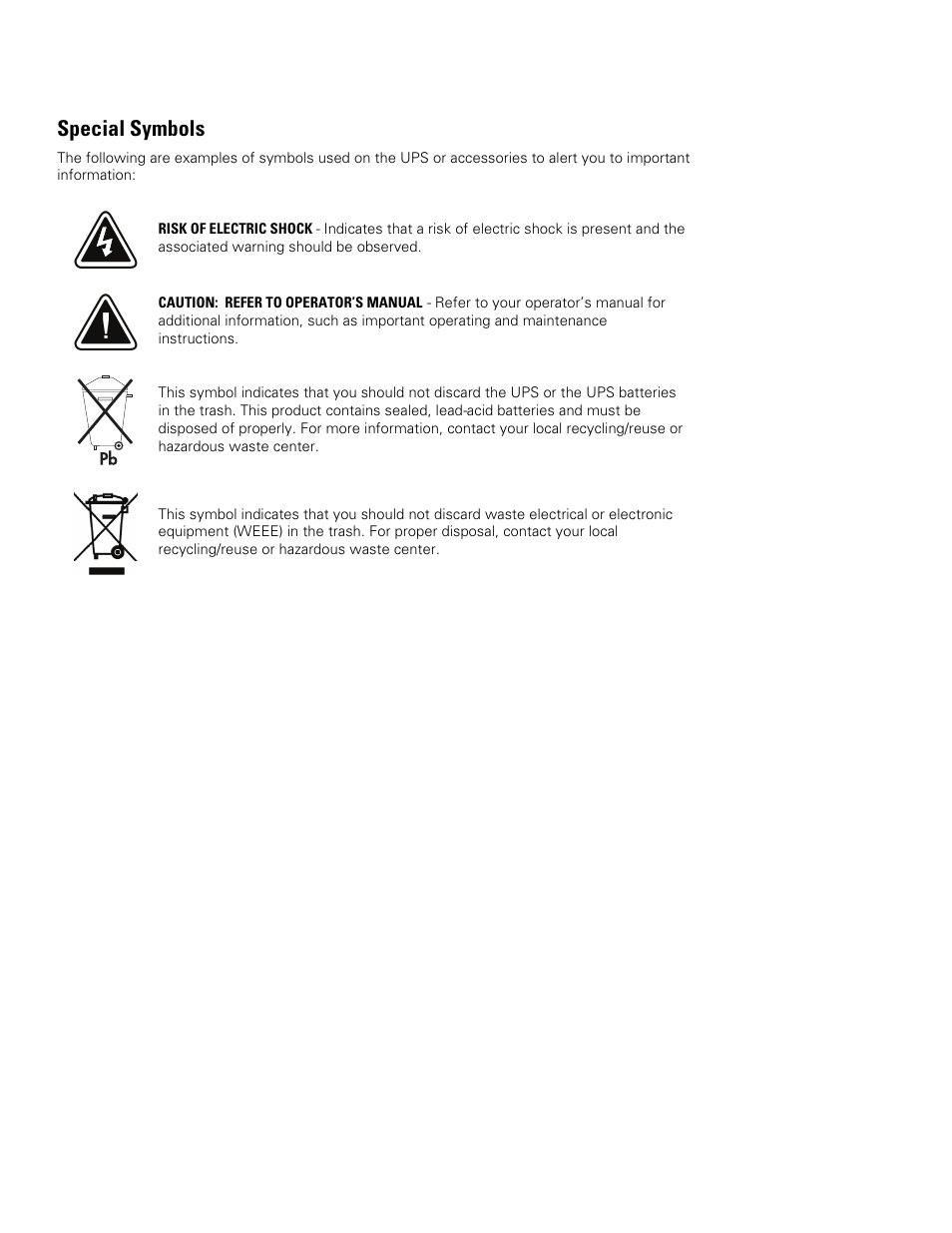 Special symbols | Powerware 9125 Two-in-One UPS 6000 VA User Manual | Page 4 / 66