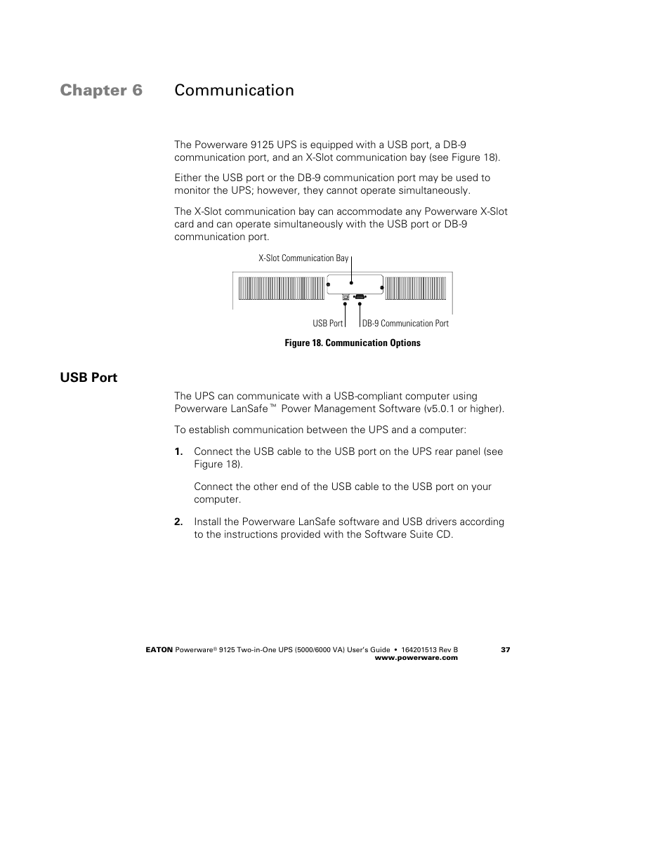 Chapter 6 communication, Usb port | Powerware 9125 Two-in-One UPS 6000 VA User Manual | Page 43 / 66