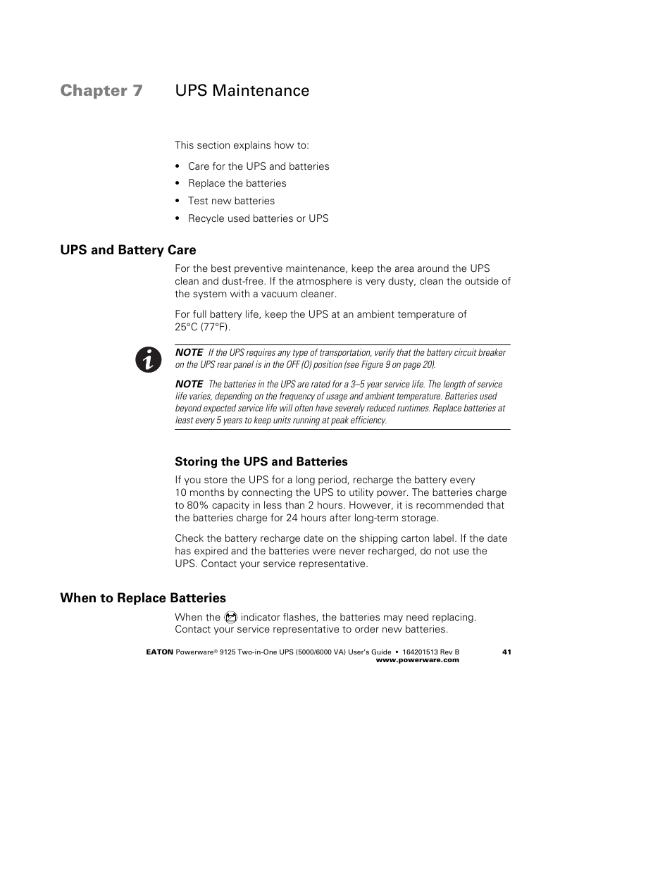 Chapter 7 ups maintenance, Ups and battery care, When to replace batteries | Powerware 9125 Two-in-One UPS 6000 VA User Manual | Page 47 / 66