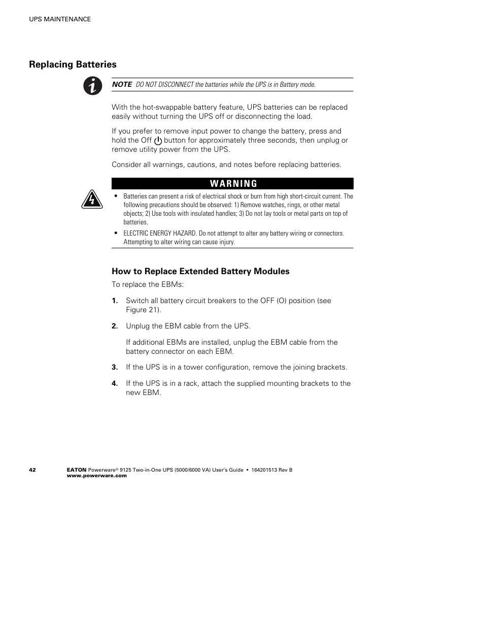 Replacing batteries, How to replace extended battery modules | Powerware 9125 Two-in-One UPS 6000 VA User Manual | Page 48 / 66