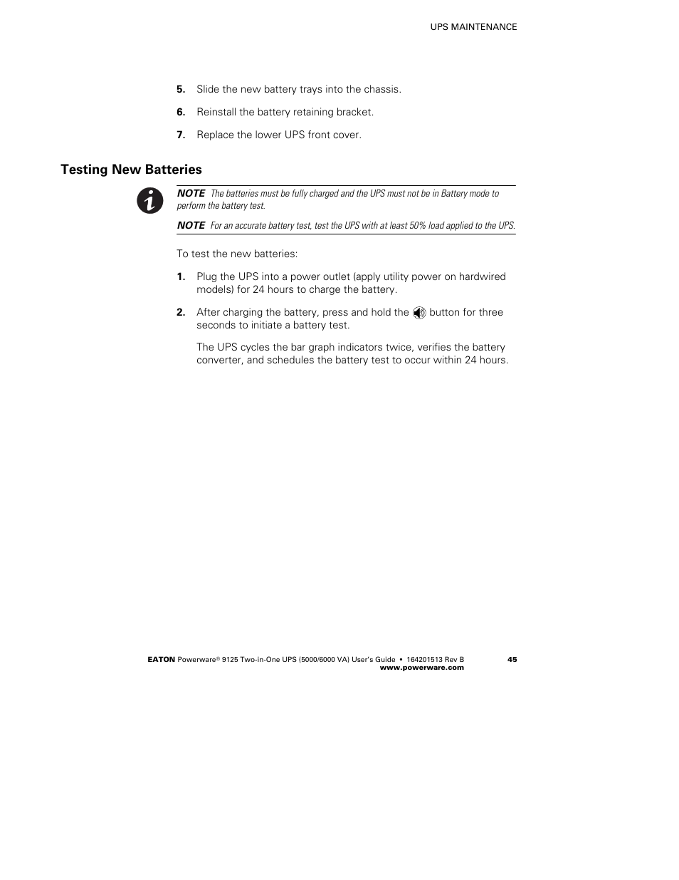 Testing new batteries | Powerware 9125 Two-in-One UPS 6000 VA User Manual | Page 51 / 66