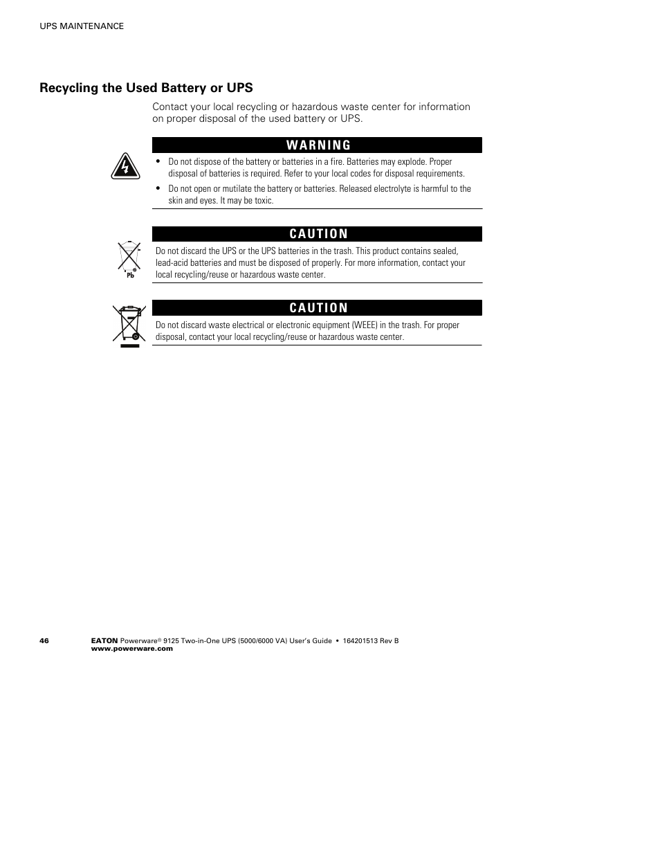 Recycling the used battery or ups | Powerware 9125 Two-in-One UPS 6000 VA User Manual | Page 52 / 66
