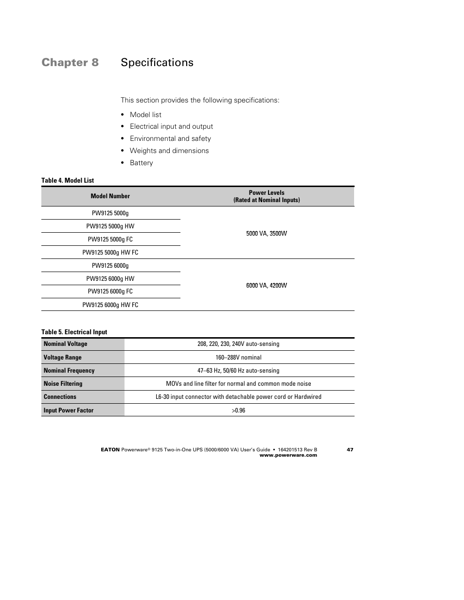 Chapter 8 specifications | Powerware 9125 Two-in-One UPS 6000 VA User Manual | Page 53 / 66