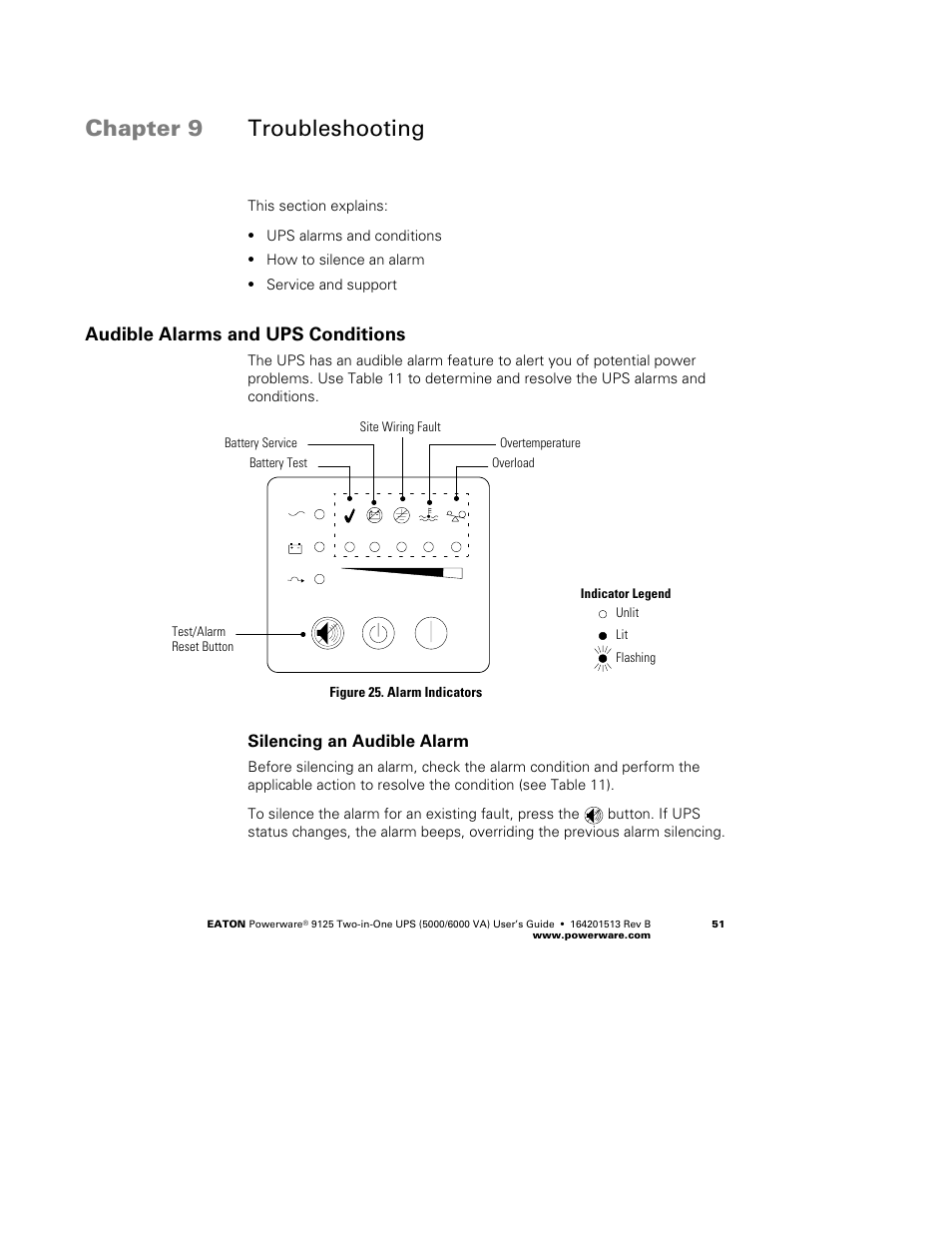 Chapter 9 troubleshooting, Audible alarms and ups conditions | Powerware 9125 Two-in-One UPS 6000 VA User Manual | Page 57 / 66