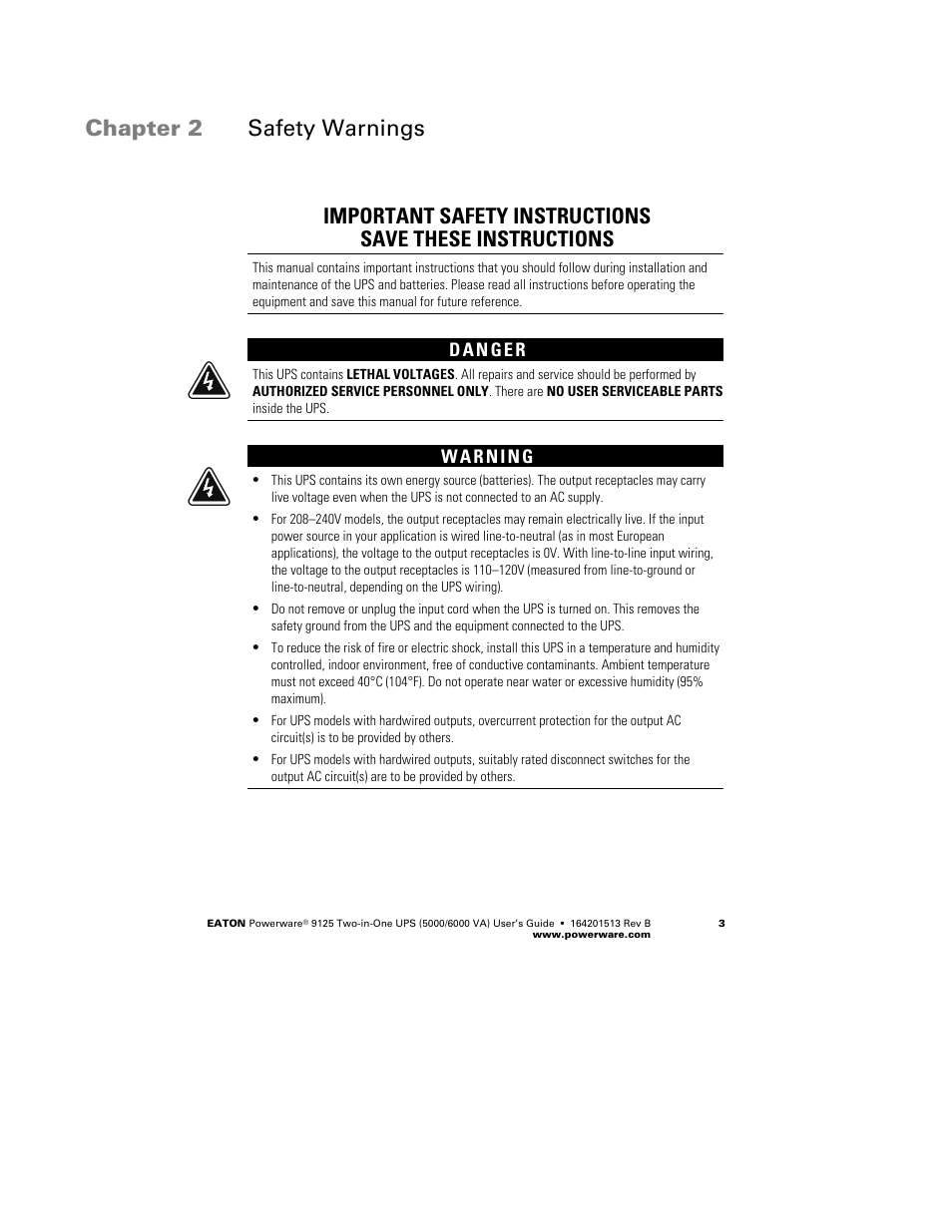 Chapter 2 safety warnings | Powerware 9125 Two-in-One UPS 6000 VA User Manual | Page 9 / 66