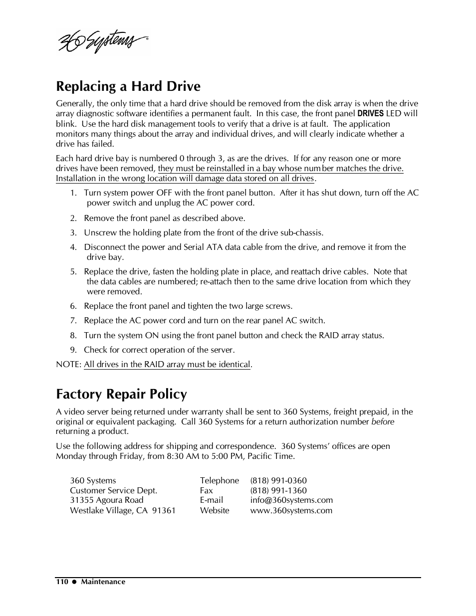 Replacing a hard drive, Factory repair policy | Powerware Model V-2000B User Manual | Page 112 / 137