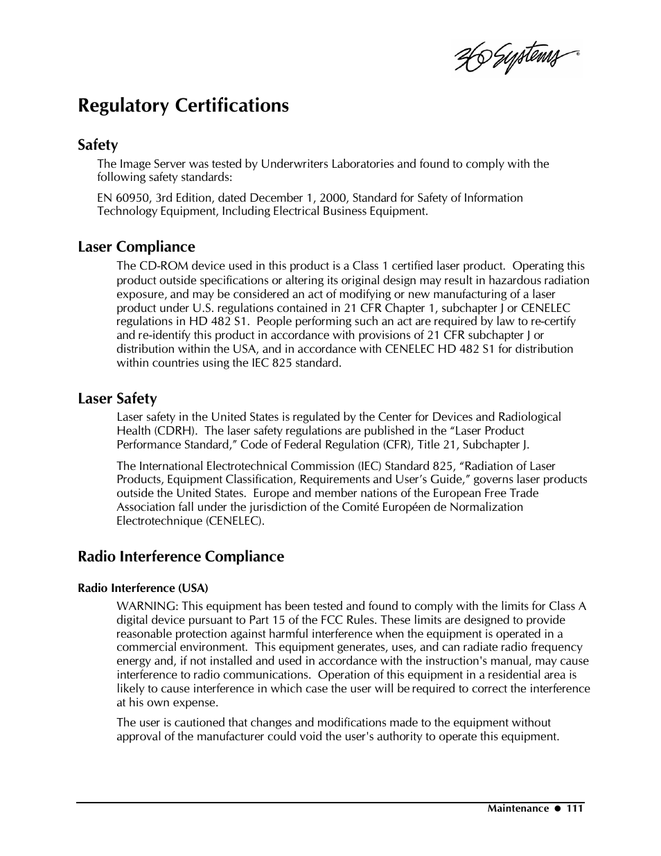 Regulatory certifications, Safety, Laser compliance | Laser safety, Radio interference compliance | Powerware Model V-2000B User Manual | Page 113 / 137