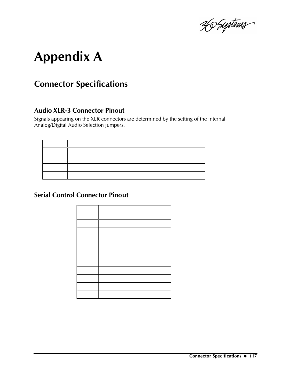 Appendix a, Connector specifications, Audio xlr-3 connector pinout | Serial control connector pinout | Powerware Model V-2000B User Manual | Page 119 / 137