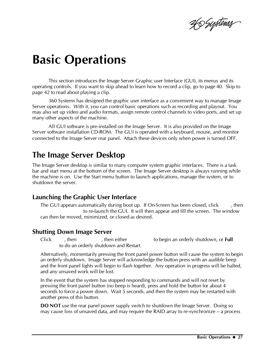 Basic operations, The image server desktop, Launching the graphic user interface | Shutting down image server | Powerware Model V-2000B User Manual | Page 29 / 137