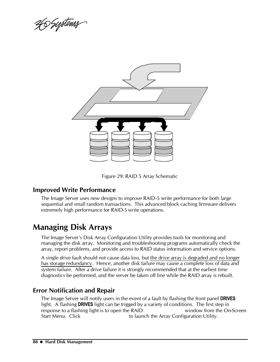 Managing disk arrays, Improved write performance, Error notification and repair | Powerware Model V-2000B User Manual | Page 90 / 137