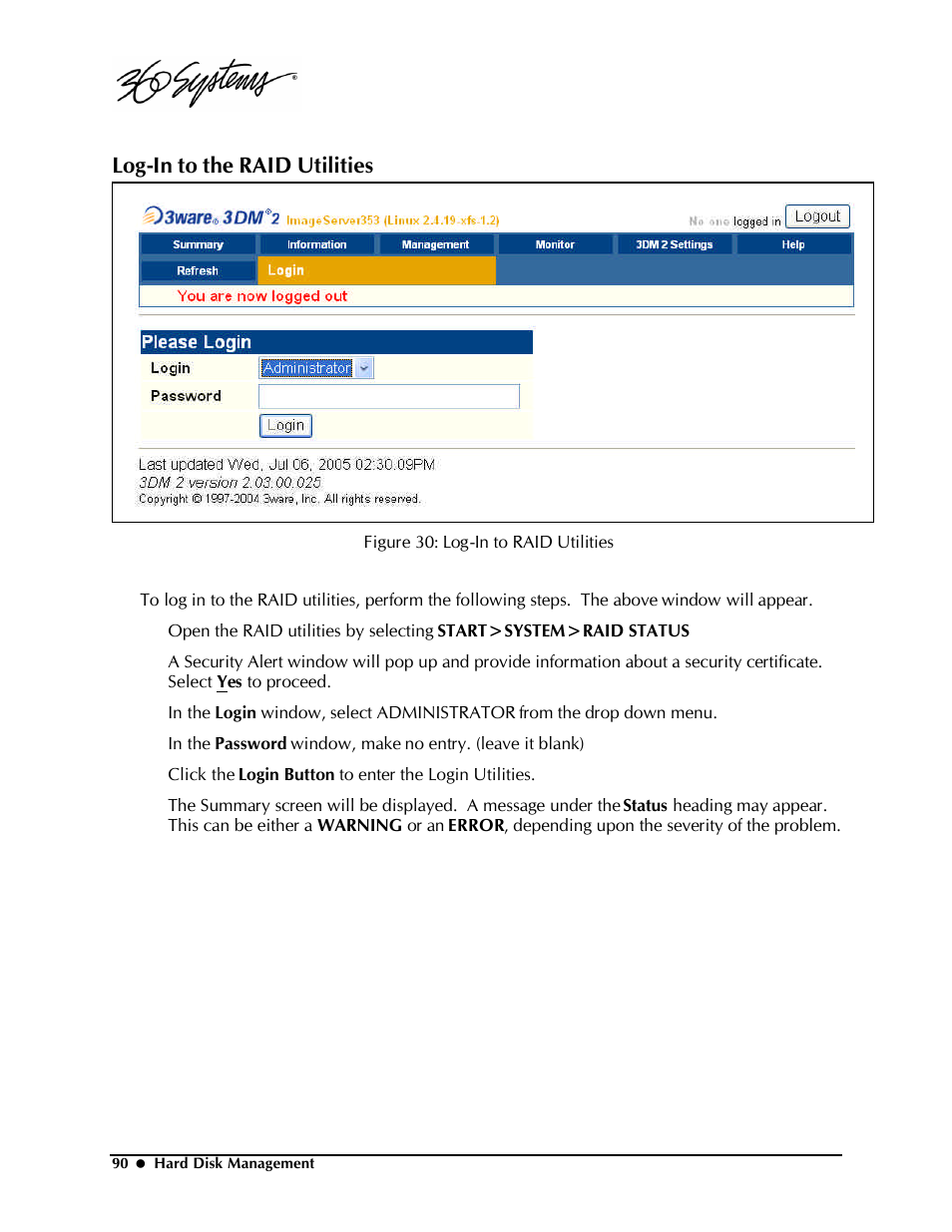 Log-in to the raid utilities | Powerware Model V-2000B User Manual | Page 92 / 137