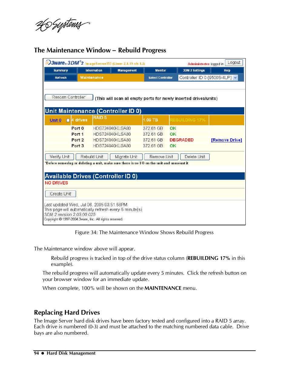 The maintenance window – rebuild progress, Replacing hard drives | Powerware Model V-2000B User Manual | Page 96 / 137