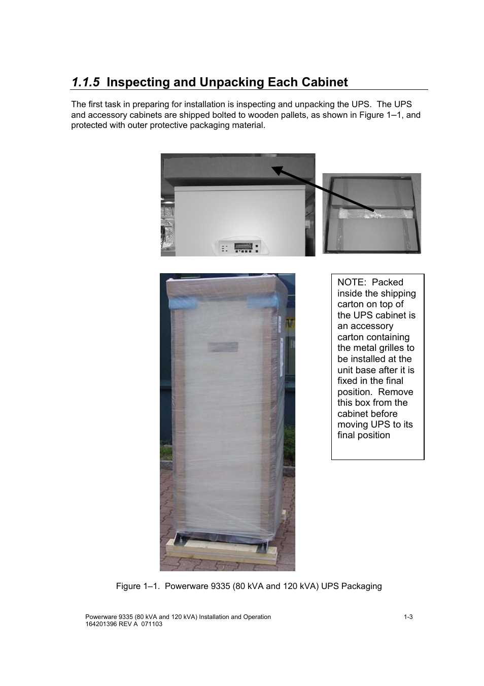 5 inspecting and unpacking each cabinet | Powerware 9335 User Manual | Page 17 / 100