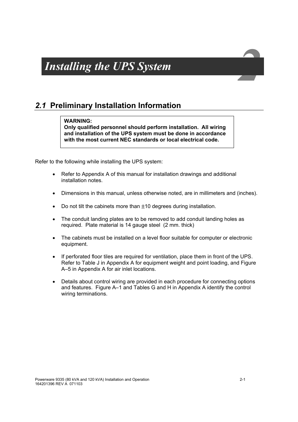 Installing the ups system | Powerware 9335 User Manual | Page 19 / 100