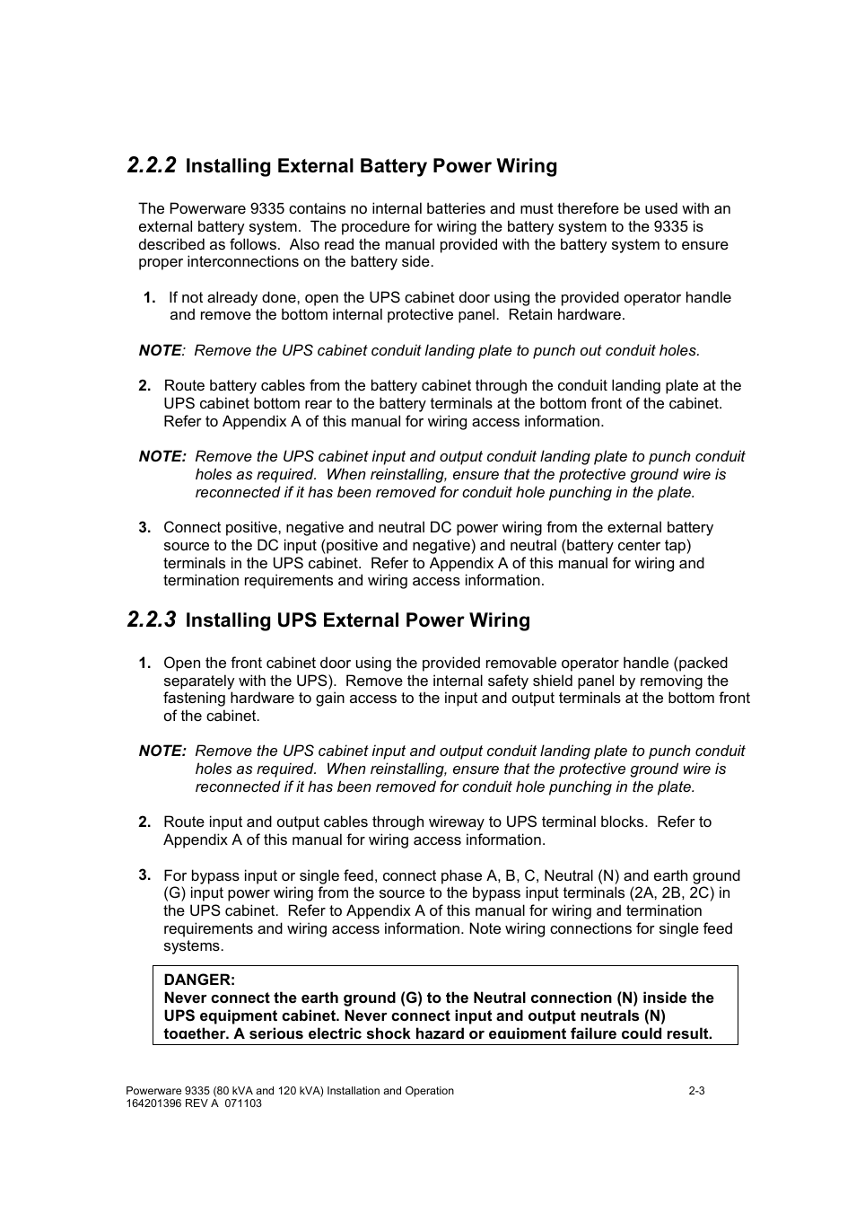 Installing external battery power wiring, Installing ups external power wiring | Powerware 9335 User Manual | Page 21 / 100