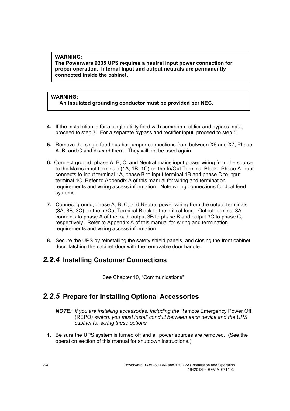 Installing customer connections, Prepare for installing optional accessories | Powerware 9335 User Manual | Page 22 / 100