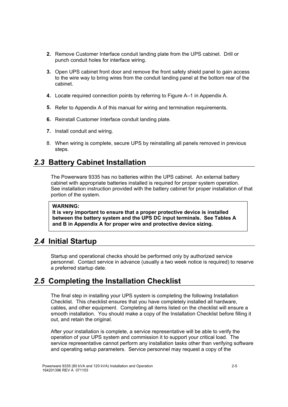 3 battery cabinet installation, 4 initial startup, 5 completing the installation checklist | Powerware 9335 User Manual | Page 23 / 100