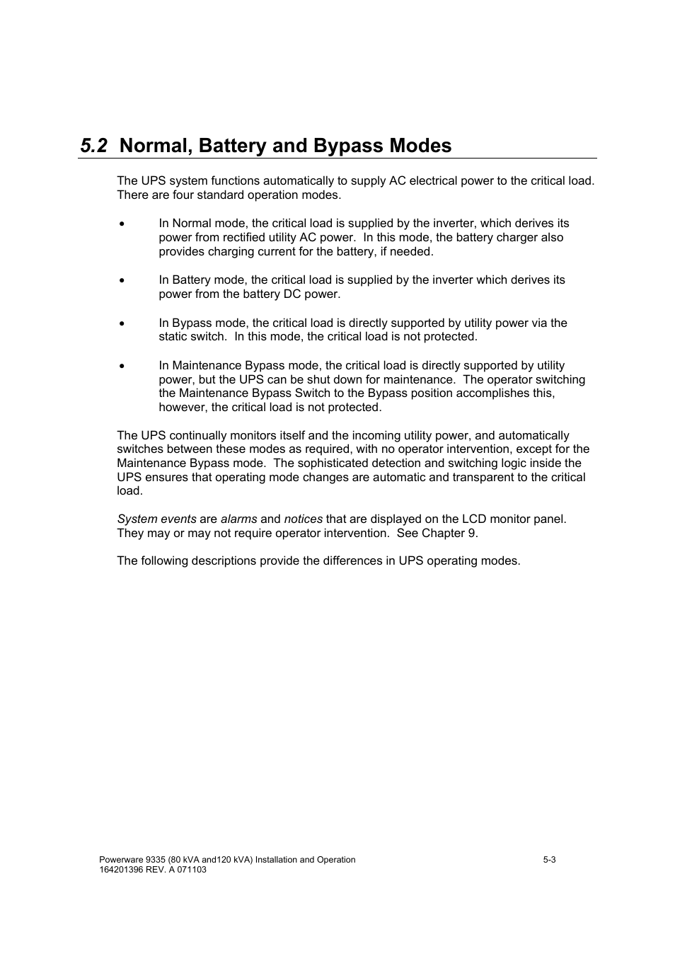 2 normal, battery and bypass modes | Powerware 9335 User Manual | Page 33 / 100