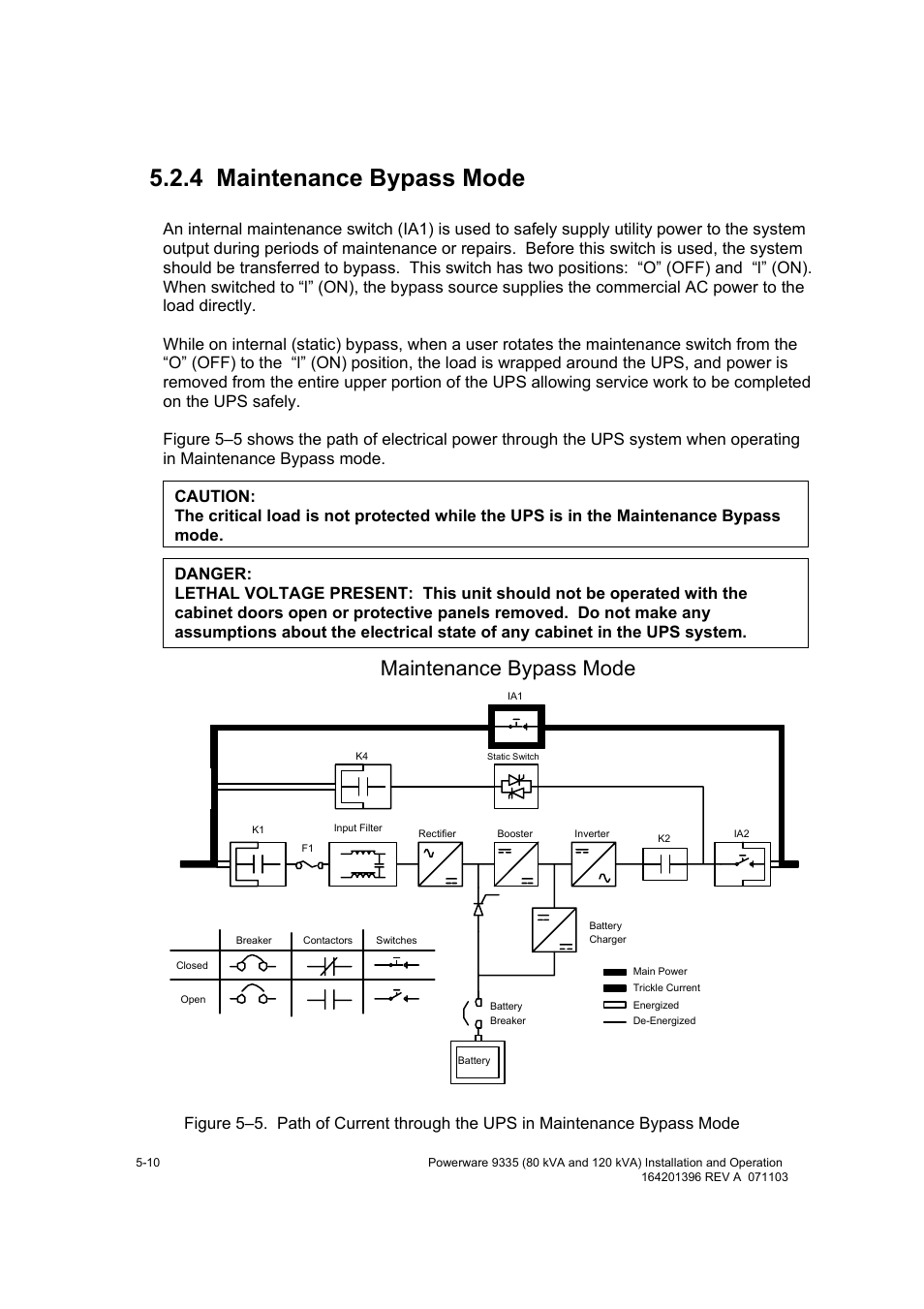 4 maintenance bypass mode, Maintenance bypass mode | Powerware 9335 User Manual | Page 40 / 100