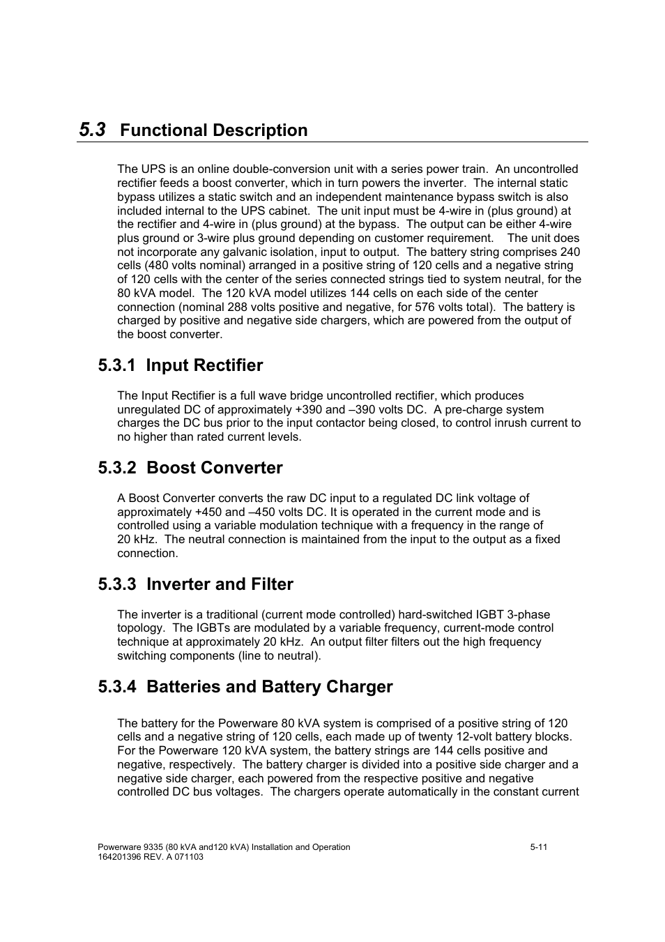 Functional description, 1 input rectifier, 2 boost converter | 3 inverter and filter, 4 batteries and battery charger | Powerware 9335 User Manual | Page 41 / 100