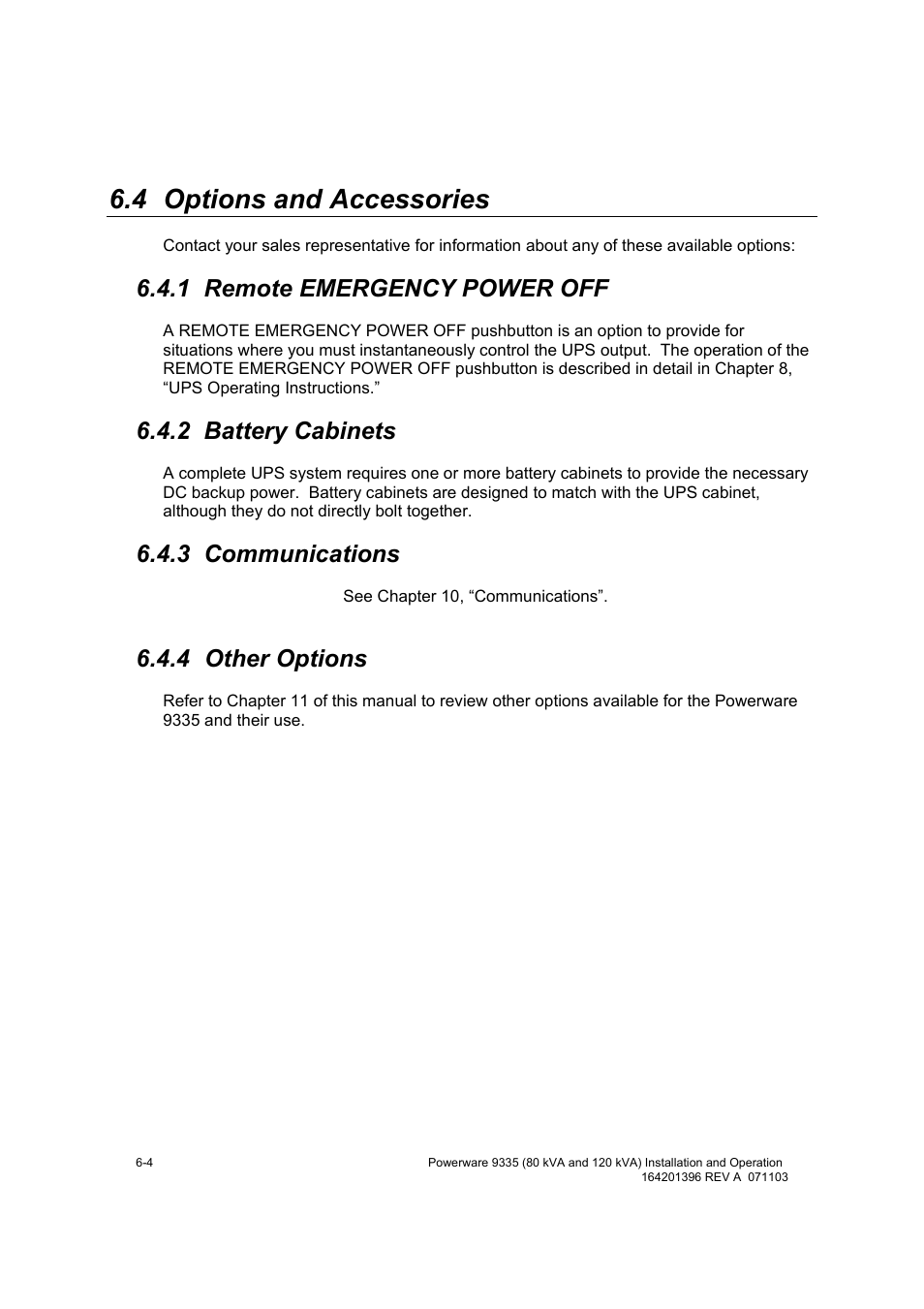 4 options and accessories, 1 remote emergency power off, 2 battery cabinets | 3 communications, 4 other options | Powerware 9335 User Manual | Page 46 / 100