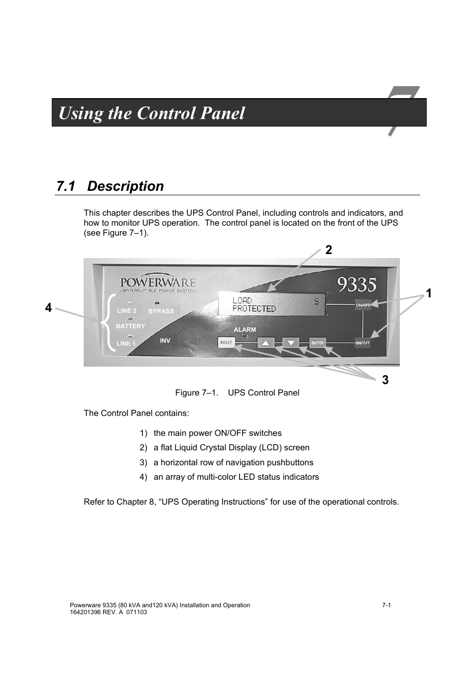 Using the control panel, 1 description | Powerware 9335 User Manual | Page 49 / 100