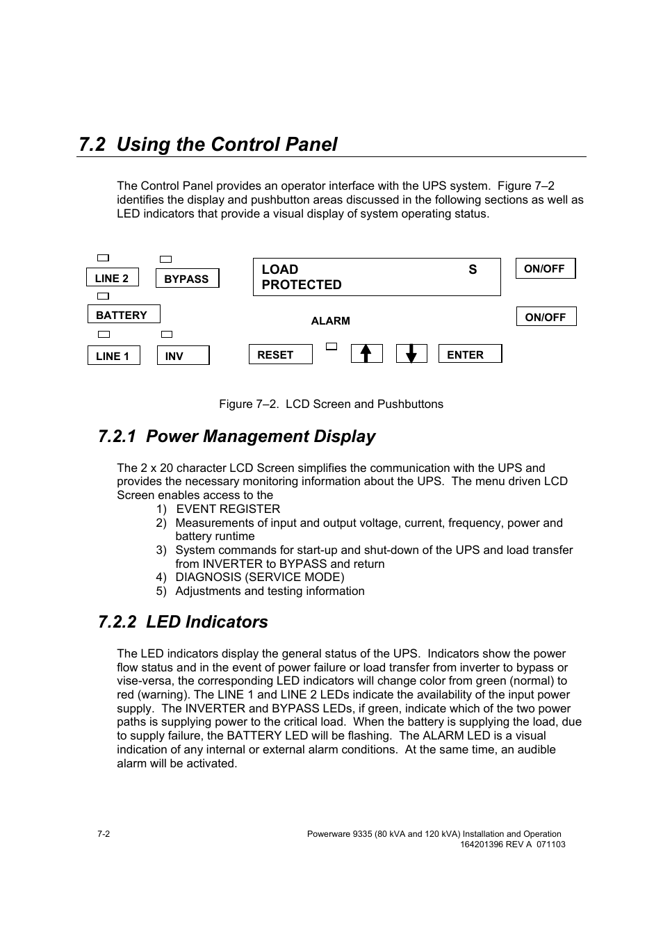 2 using the control panel, 1 power management display, 2 led indicators | Powerware 9335 User Manual | Page 50 / 100