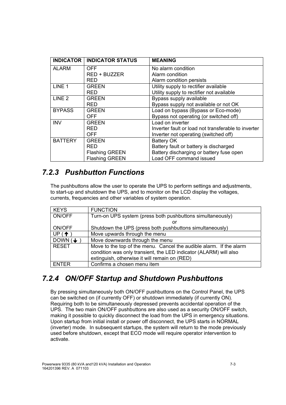 3 pushbutton functions, 4 on/off startup and shutdown pushbuttons | Powerware 9335 User Manual | Page 51 / 100