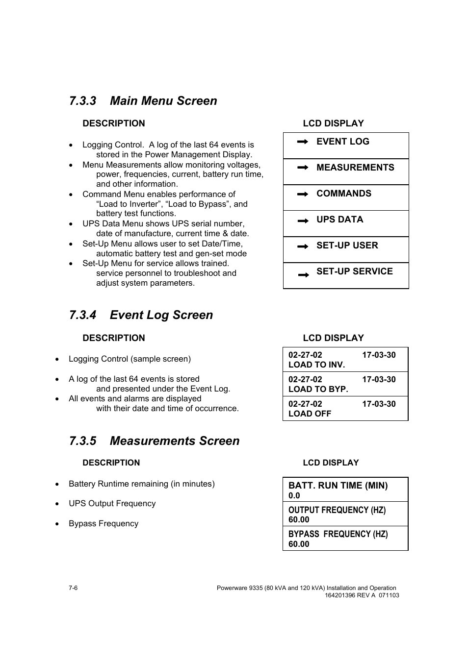 3 main menu screen, 4 event log screen, 5 measurements screen | Powerware 9335 User Manual | Page 54 / 100