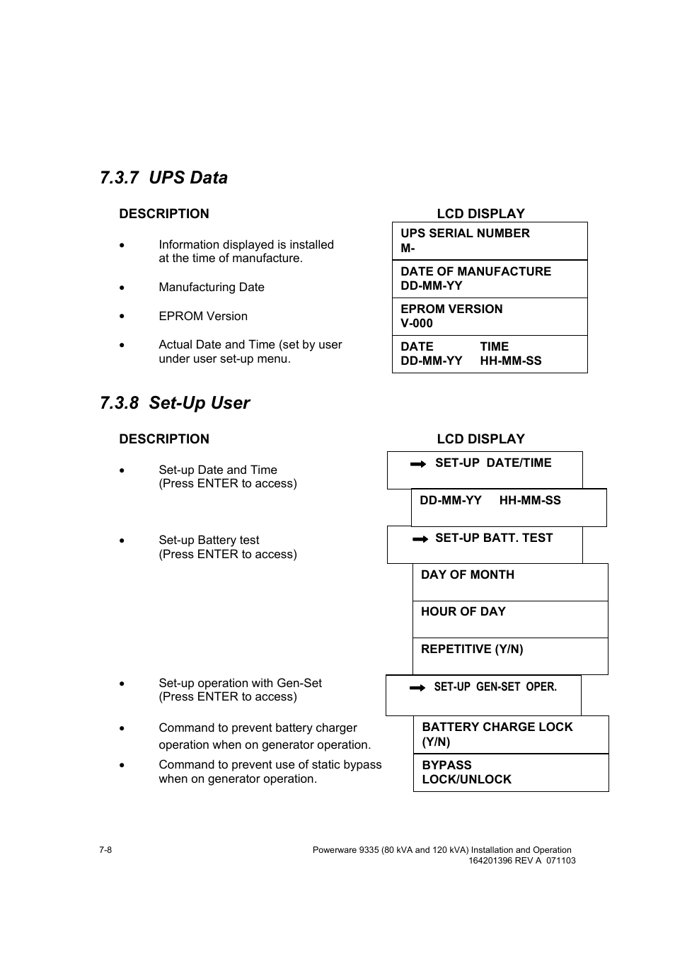 7 ups data, 8 set-up user | Powerware 9335 User Manual | Page 56 / 100