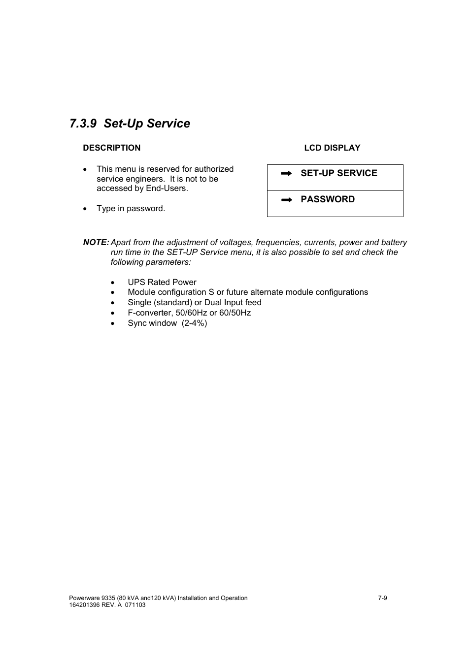 9 set-up service | Powerware 9335 User Manual | Page 57 / 100