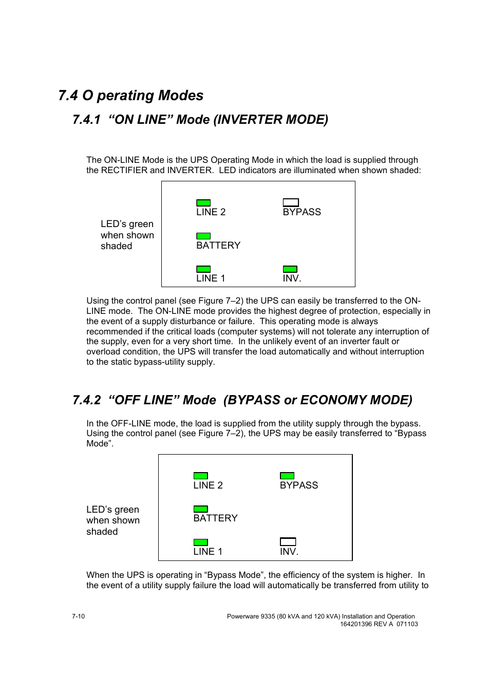 4 o perating modes, 1 “on line” mode (inverter mode), 2 “off line” mode (bypass or economy mode) | Powerware 9335 User Manual | Page 58 / 100
