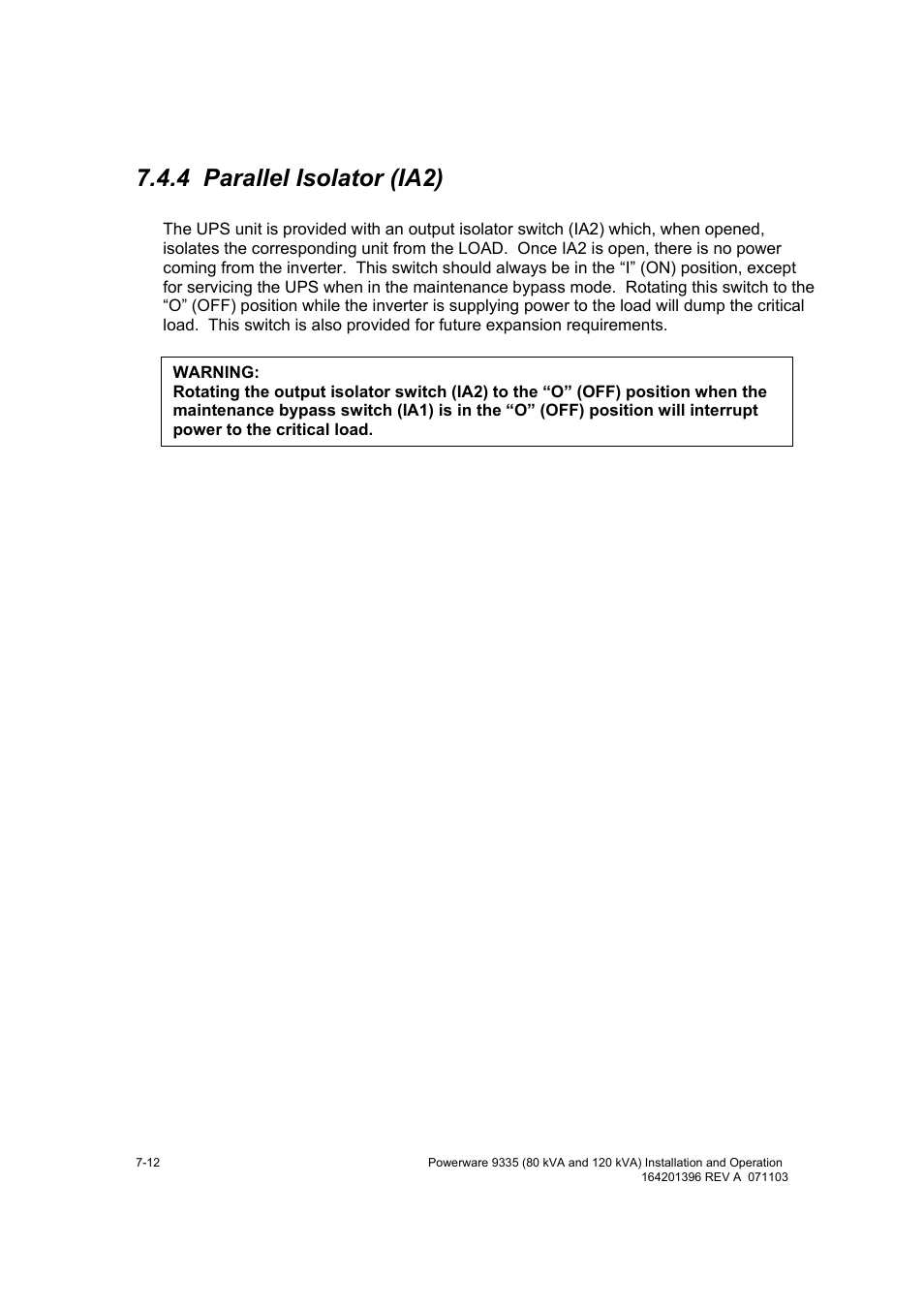 4 parallel isolator (ia2) | Powerware 9335 User Manual | Page 60 / 100