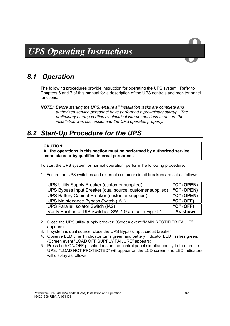 Ups operating instructions, 1 operation, 2 start-up procedure for the ups | Powerware 9335 User Manual | Page 61 / 100